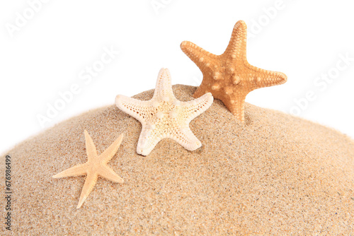 Sand with many beautiful sea stars isolated on white