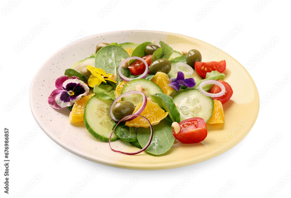 Delicious salad with orange, spinach, olives and vegetables isolated on white