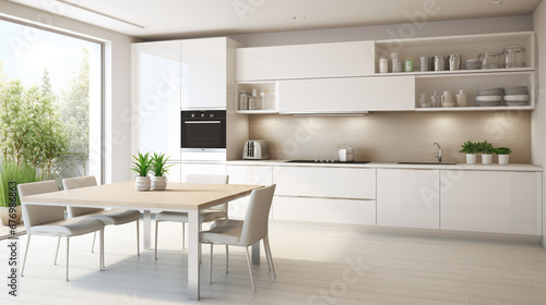 Modern new light interior of kitchen with white furniture and dining table. generative ai