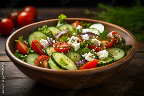 A vibrant salad bowl filled with crisp mixed greens, cherry tomatoes, sliced cucumbers, tangy feta cheese, and a zesty vinaigrette dressing, realistic photo. Ai Generated.NO.03