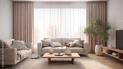 Modern scandinavian living room interior Living Room, Curtain, Indoors, Home Interior. generative ai © Witri