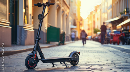 A person riding an electric scooter on a city sidewalk