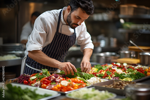 In a professional kitchen, a male chef is preparing a vegetarian dish with vegetables,