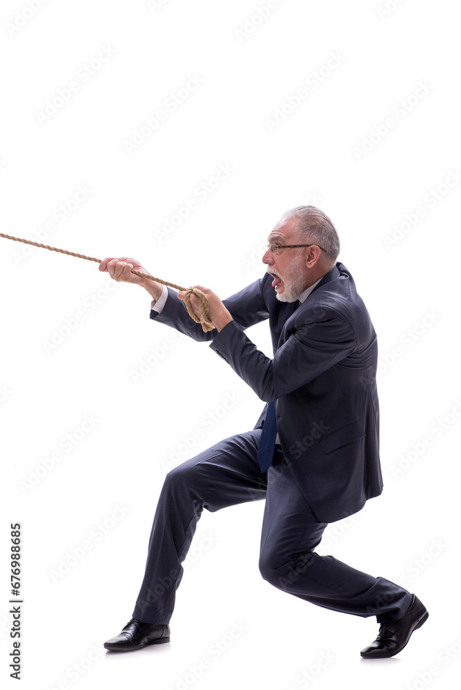 Old businessman with rope isolated on white Old businessman with rope isolated on white