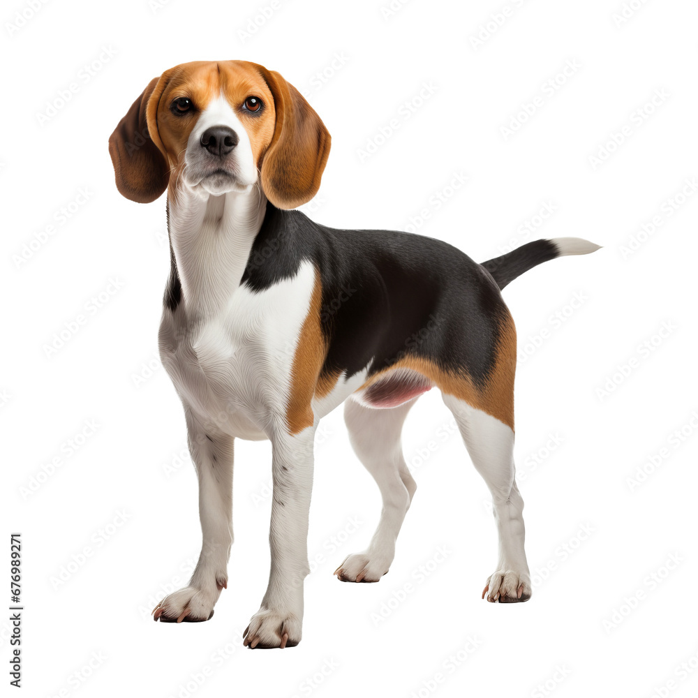 Beagle dog stands in full body profile with tri-color coat, floppy ears and eager expression, isolated on a transparent background.