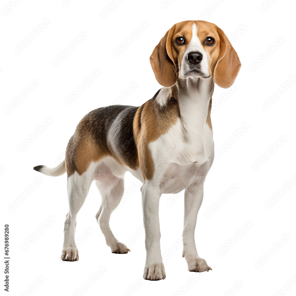 Beagle dog in full pose, distinct with tri-color coat displayed on a transparent background.