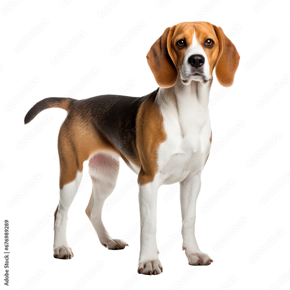 Beagle dog in full stance, showcasing its tri-color coat and floppy ears, positioned against a clear transparent background for versatile use.