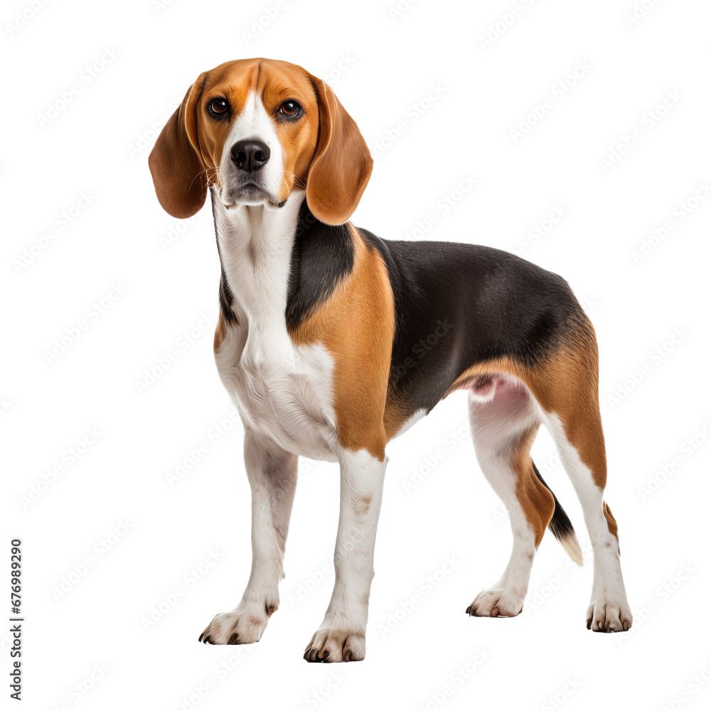 Beagle dog depicted in full body pose, standing sideways, with detailed coat colors and markings, rendered on a transparent background.