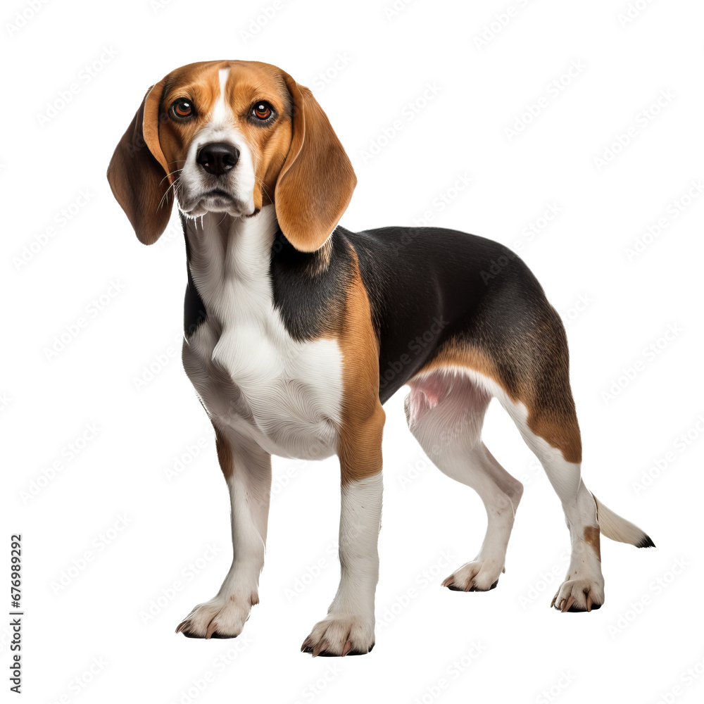 Beagle dog in full stance, ears perky, displaying its tricolor coat, rendered with clear detail against a transparent backdrop.