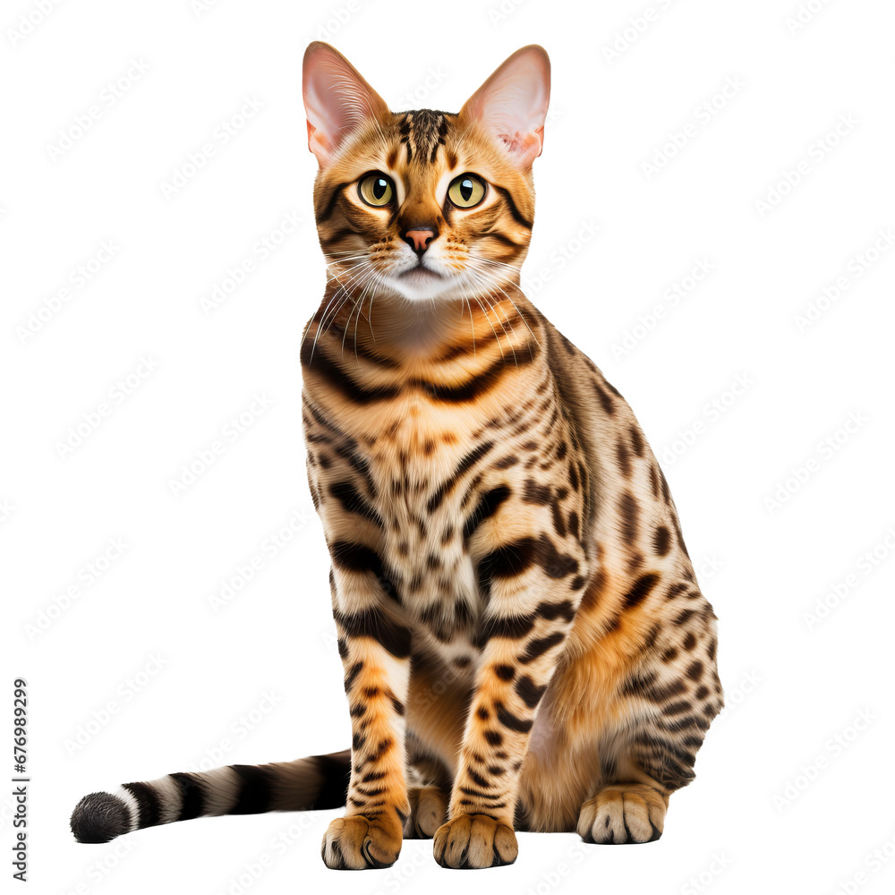 A sleek Bengal cat with distinctive rosette markings stands gracefully, tail up, eyes alert, on a clear transparent backdrop.