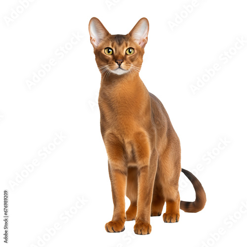 An Abyssinian cat  with its warm ticked coat and attentive gaze  stands gracefully in full view against a clear  transparent background.