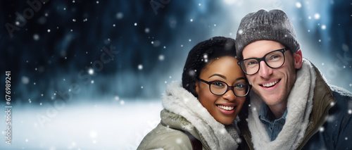 Winter Themed couple with room for copy space created with Generative AI technology