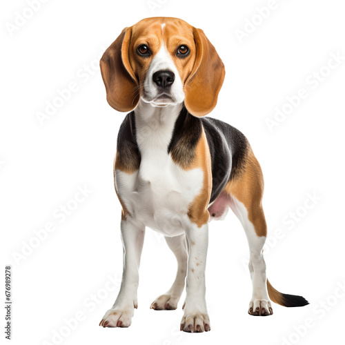 A beagle dog stands in full profile with its tri-colored coat, floppy ears, and wagging tail, all on a transparent background for easy overlay.