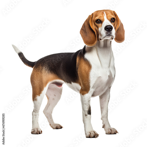 Beagle dog standing side view, clear outline, full body image, ears drooping, on transparent background.
