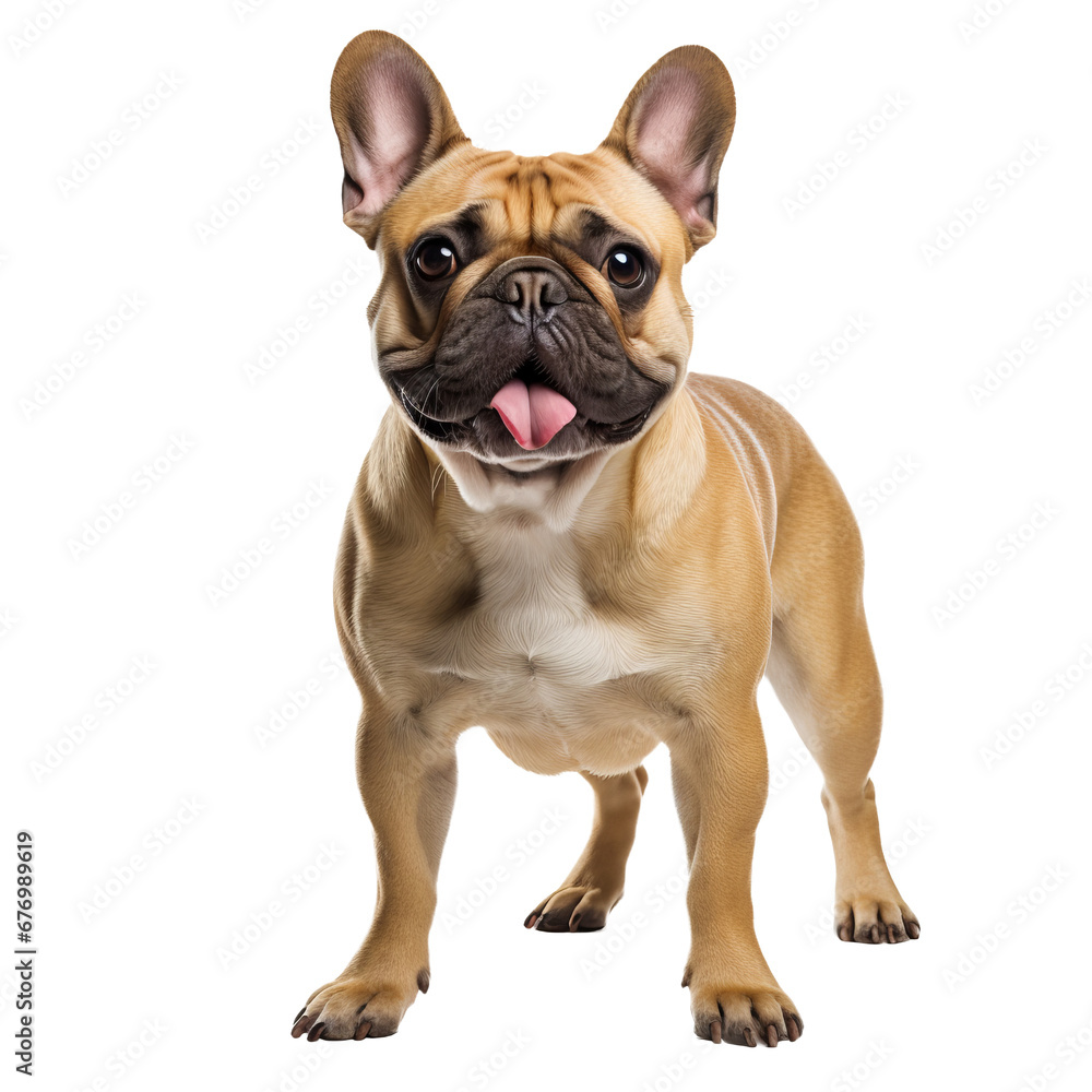 French Bulldog, full body visible, stands alert on a transparent backdrop, showcasing its stocky build and bat-like ears.