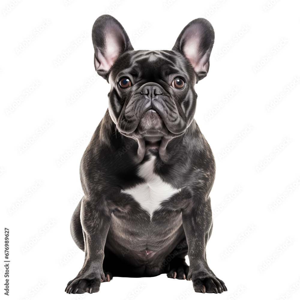 French bulldog, full body shown, stands prominently against a transparent backdrop, showcasing its compact, muscular frame and distinctive bat ears.