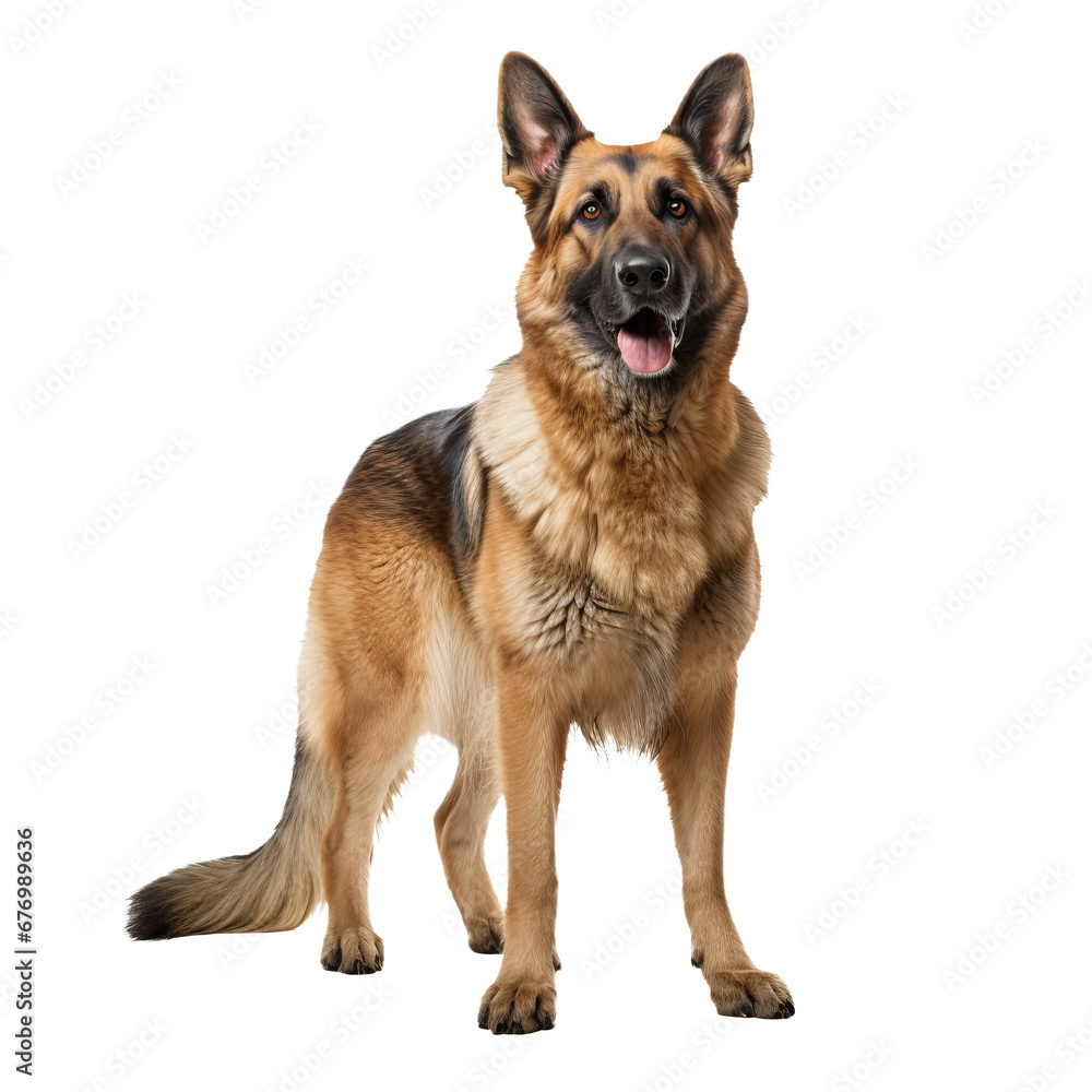 A full-bodied German shepherd stands alert, its silhouette crisp against a transparent backdrop, showcasing its robust physique and attentive gaze.