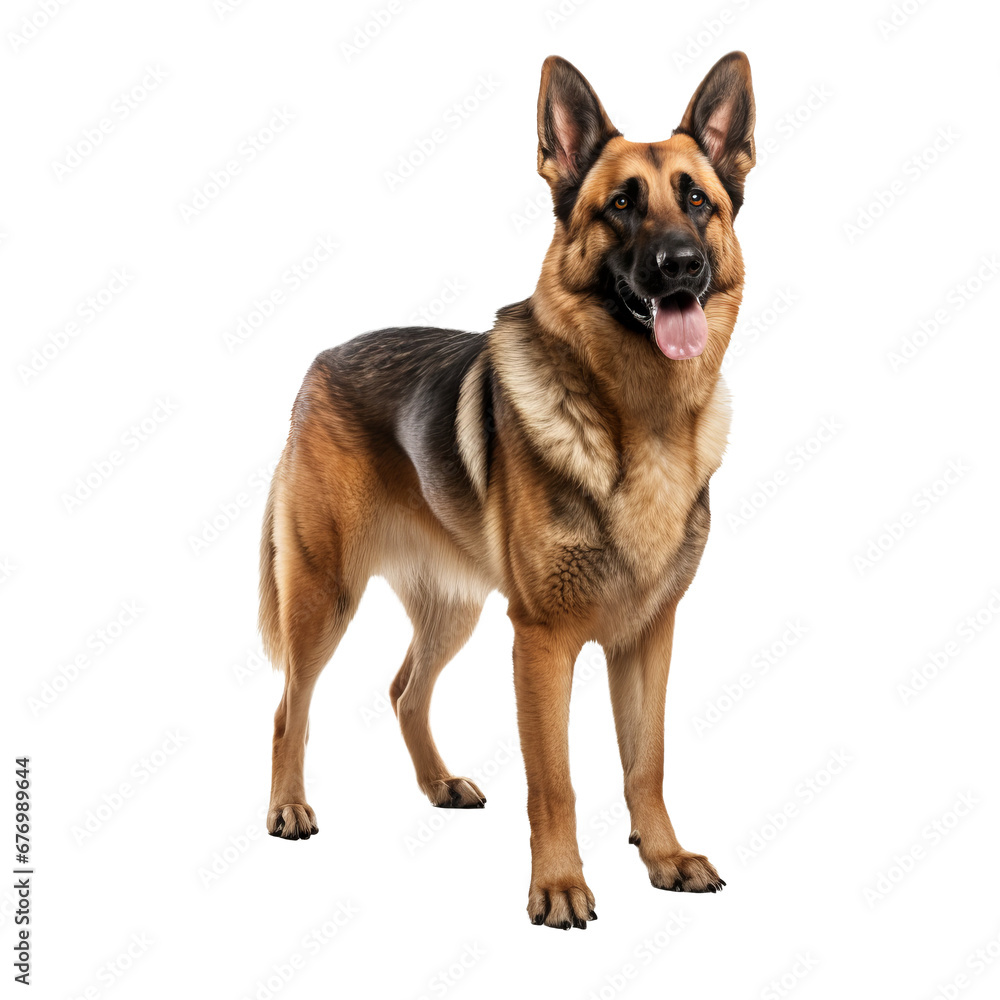 German shepherd dog stands in full body view against a transparent background, showcasing its distinct coat and muscular stature.
