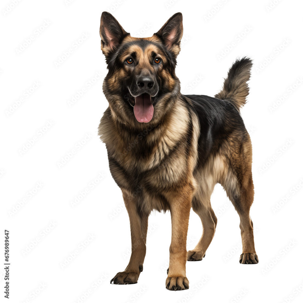 German shepherd, full body displayed, poised stance, on a clear, transparent background, showcasing its strong build and alert demeanor.