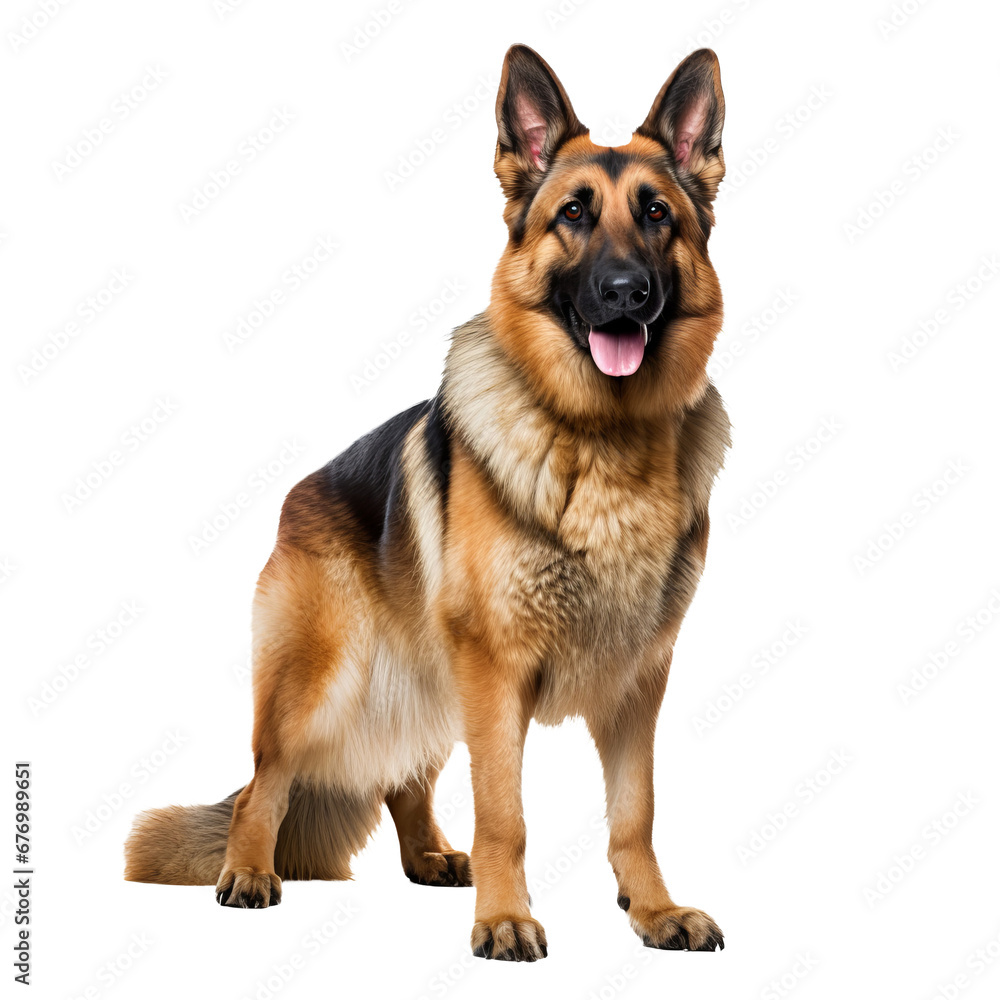 Full-body image of a German Shepherd dog standing attentively with a sharp gaze, rendered on a transparent background for versatile use.