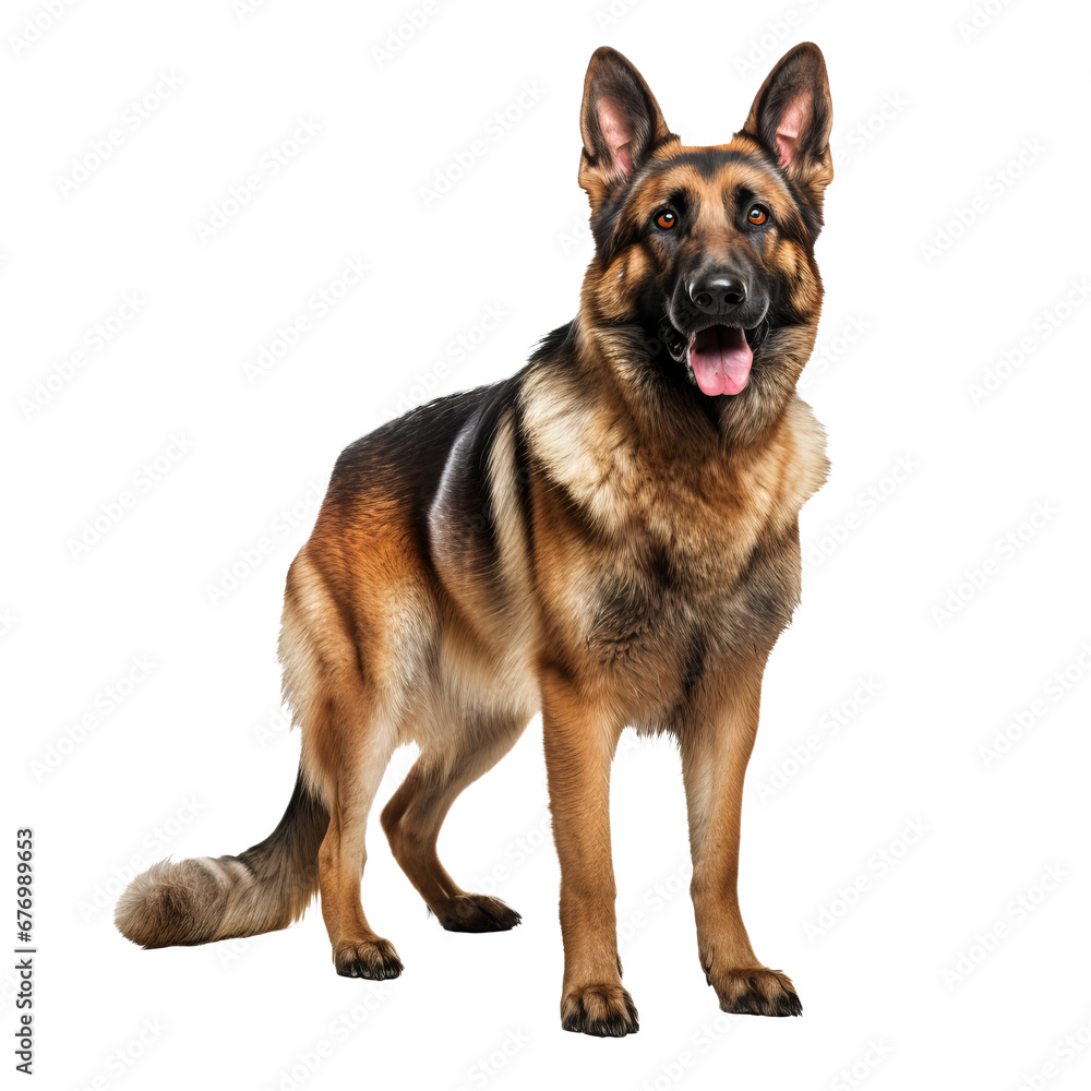 Full-body German Shepherd dog standing attentively, depicted with clarity on a transparent background for versatile use.
