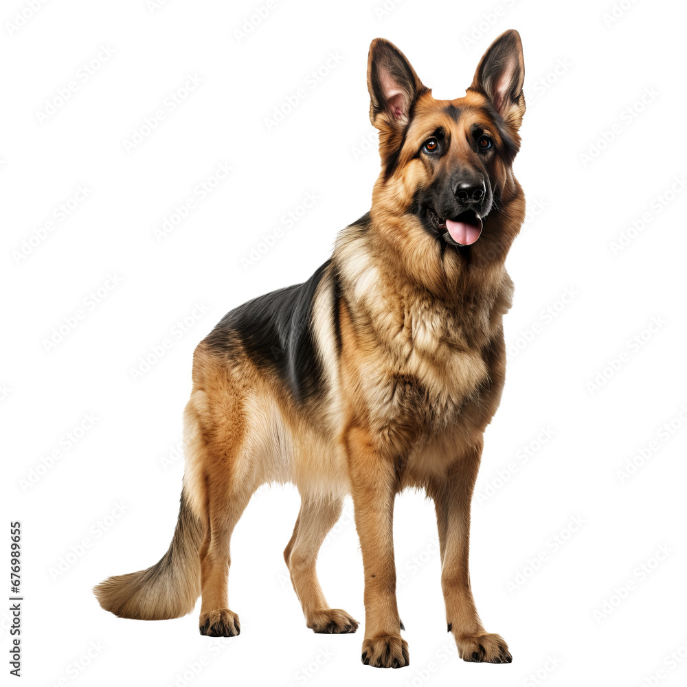 A full-body depiction of a German Shepherd dog poised alertly, rendered against a transparent background for versatile use.