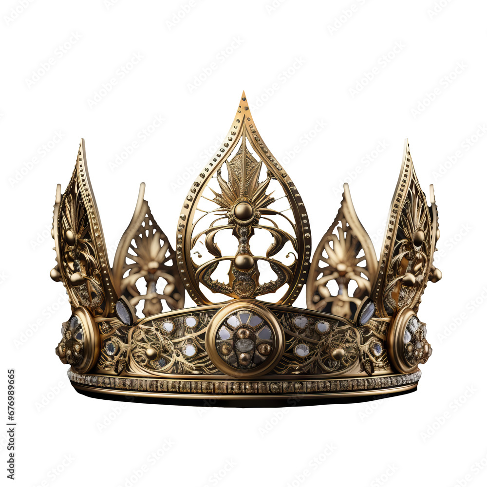 Elegant gold fantasy crown, ornate and beautiful, showcased on a clear transparent background.