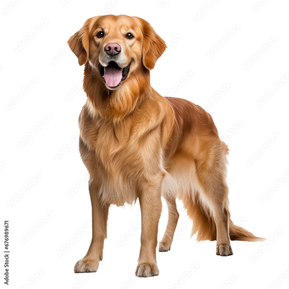 Golden retriever in full stance, with dense, wavy coat, on a transparent backdrop, showcasing its friendly demeanor. Golden retriever in full stance, with dense, wavy coat, on a transparent backdrop, showcasing its friendly demeanor.