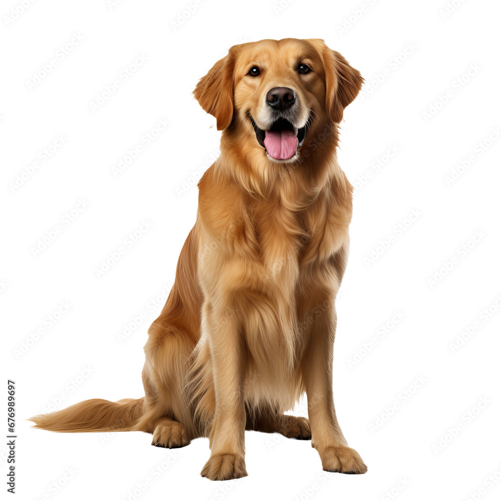 Golden retriever dog, captured in full body, displayed against a transparent backdrop, ready for design inclusion.