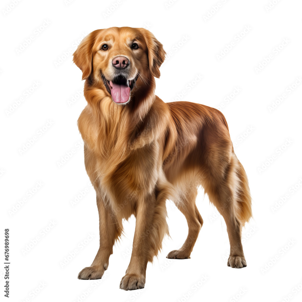 Golden retriever dog stands in full profile, displayed against a transparent backdrop with its fur color gleaming. Golden retriever dog stands in full profile, displayed against a transparent backdrop with its fur color gleaming.