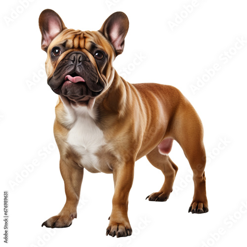 French bulldog fully displayed, standing erect with a smooth coat, ears perked, showcasing its stout body, on a clear background. © Nika