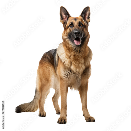 A full-bodied German shepherd stands alert, its silhouette crisp against a transparent backdrop, showcasing its robust physique and attentive gaze.