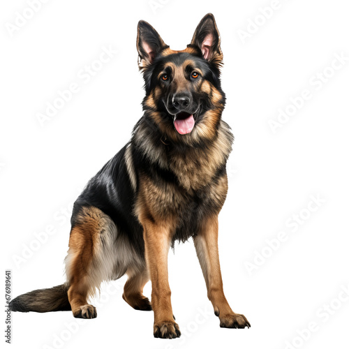 German shepherd, whole figure visible, stands alert on a clear backdrop, showcasing its robust build and attentive demeanor.