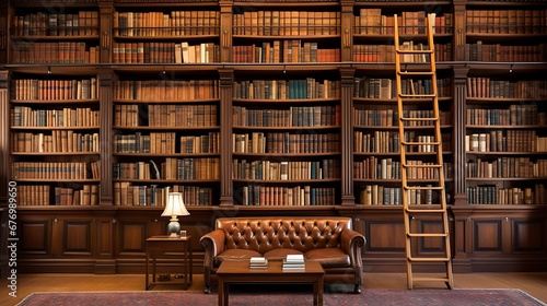 A library with a wall of encyclopedias and reference books.