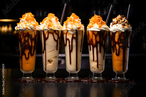 Tall milkshake glasses filled with creamy Thai tea milkshakes  topped with a generous scoop of vanilla ice cream and a drizzle of chocolate syrup  realistic photo. Ai Generated.NO.01