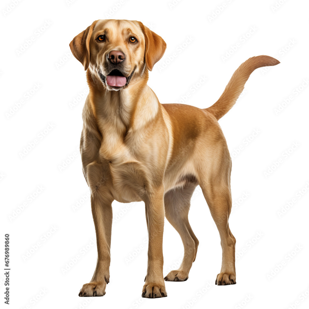 Full-bodied Labrador Retriever dog stands elegantly, with a clear silhouette, on a transparent background, showcasing its friendly demeanor.