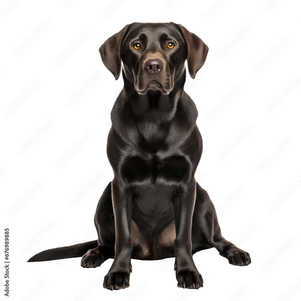 Labrador Retriever stands in full body view, tail mid-wag, against a clear transparent backdrop, showcasing its friendly demeanor.
