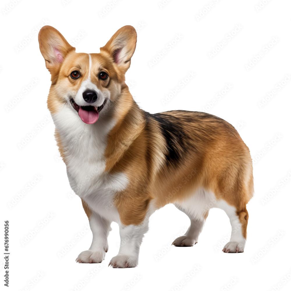 A full-bodied Pembroke Welsh Corgi dog stands alert on a transparent background, with its fluffy coat and erect ears displayed.