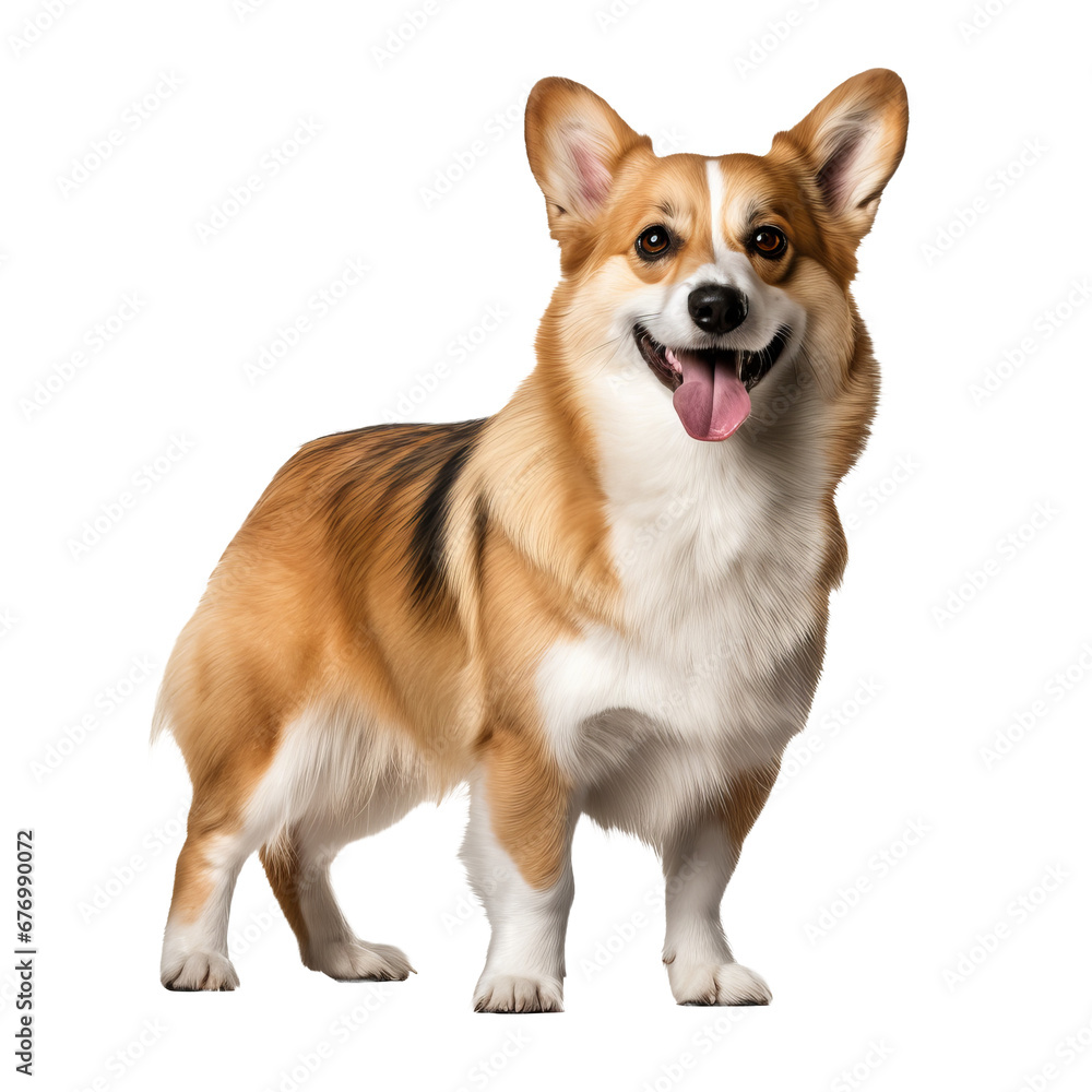 Pembroke Welsh Corgi, full-body view, stands alert with perky ears and a bushy tail, displayed on a clear, transparent background.