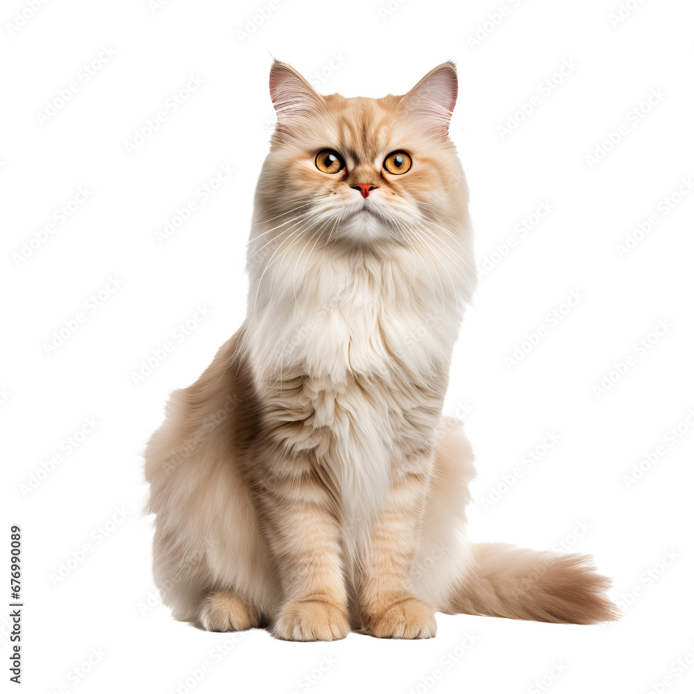 Full-bodied Persian cat with a luxuriant fluffy coat and piercing eyes, elegantly posed, isolated on a clean transparent background.