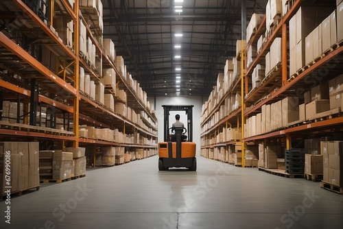 Man working on a side forklift in a large warehouse photo