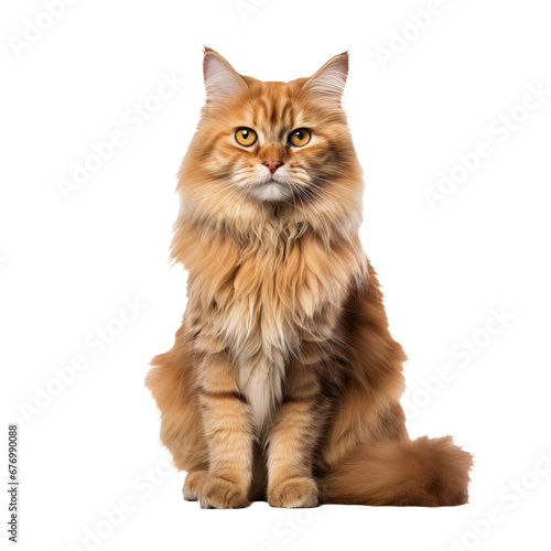 A Persian cat with fluffy fur is depicted in full body view, standing poised against a transparent background, showcasing its luxurious coat.