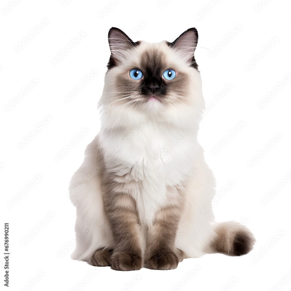 Ragdoll cat captured in full body, serene blue eyes gaze, soft coat visible against a clear transparent background.