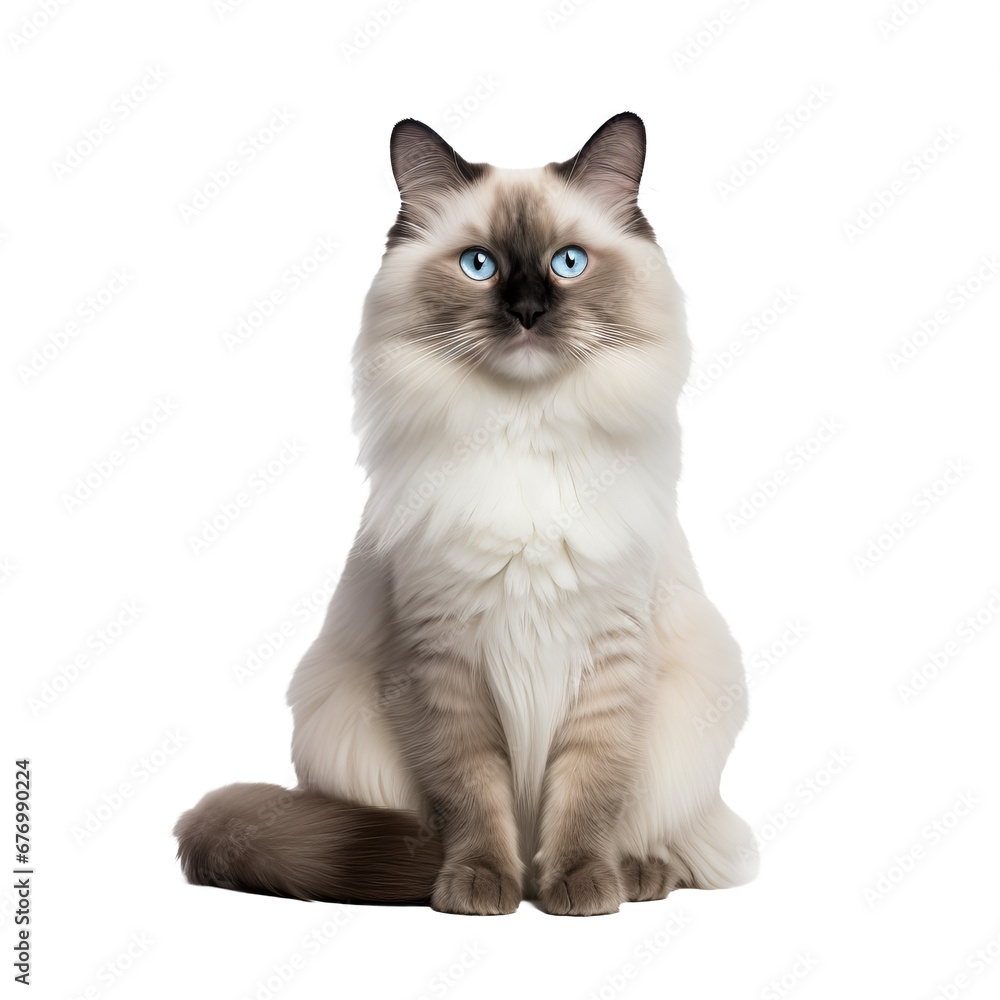 A Ragdoll cat flaunts its plush coat and striking blue eyes, its full-body pose captured against a transparent backdrop, showcasing its majestic allure.