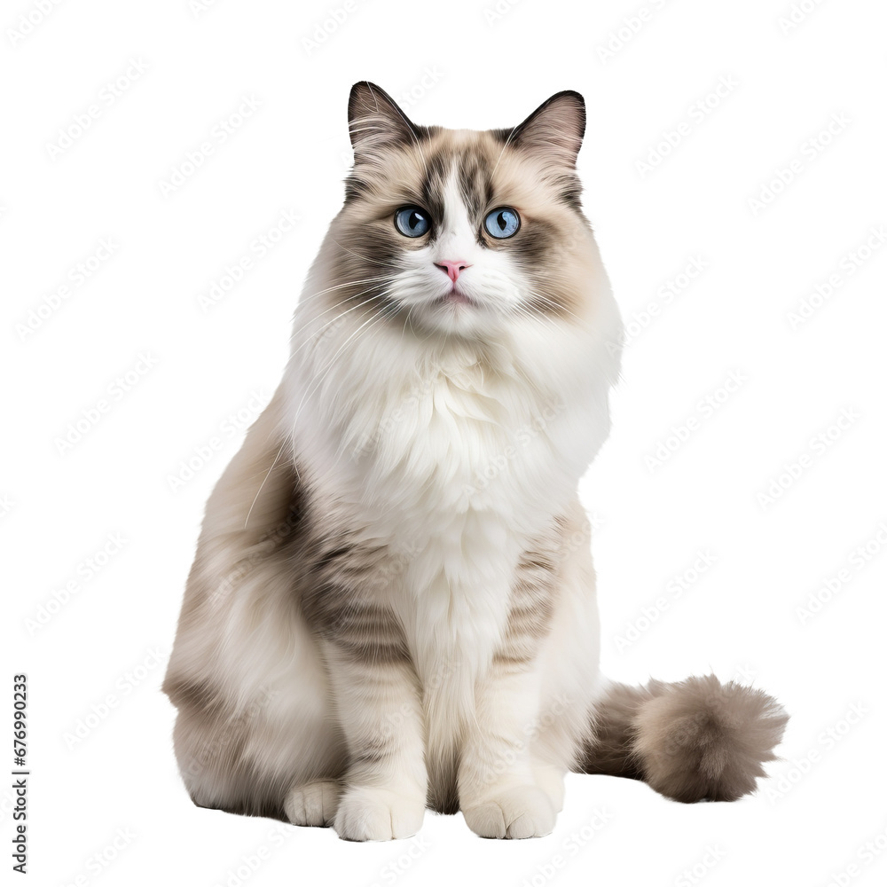 A Ragdoll cat with plush coat and piercing blue eyes sprawled elegantly, its full body visible against a transparent backdrop.