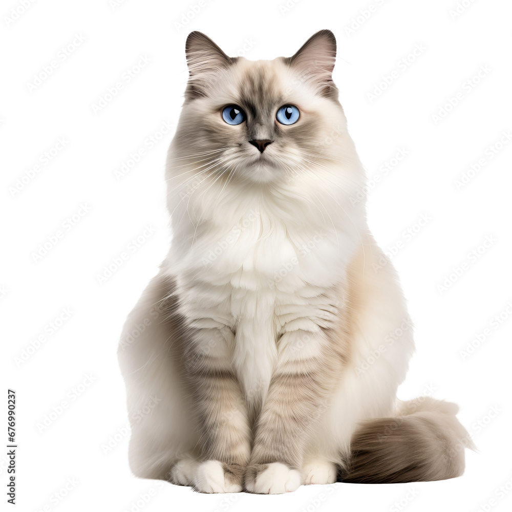Ragdoll cat with fluffy fur and blue eyes, displayed in its entirety against a clear background.