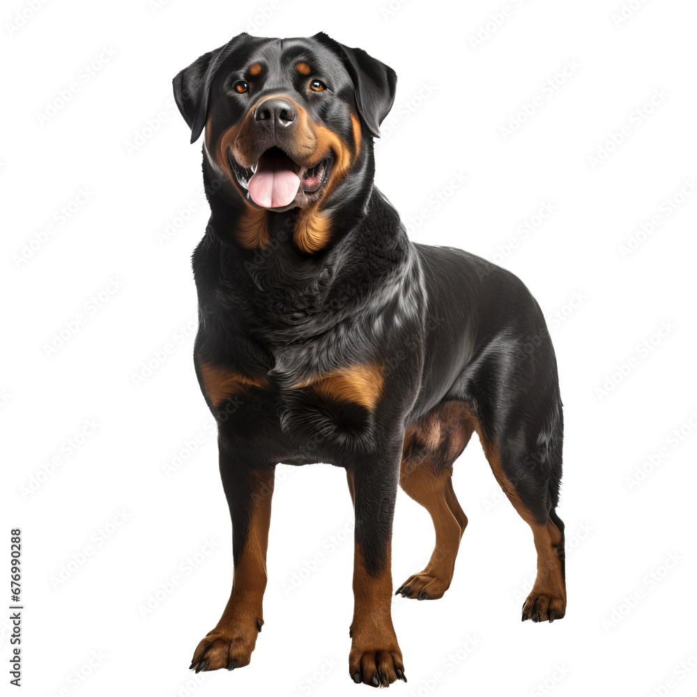 A full-body illustration of a Rottweiler dog standing with a confident stance, displayed on a clear, transparent background. A full-body illustration of a Rottweiler dog standing with a confident stance, displayed on a clear, transparent background.