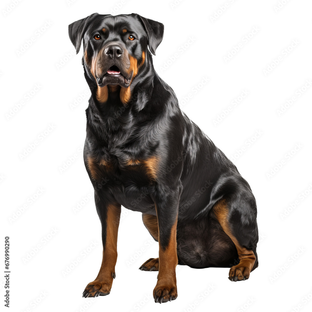 A full-bodied Rottweiler stands alert, with a glossy coat and muscular frame, depicted against a transparent backdrop, showcasing its powerful stance.
