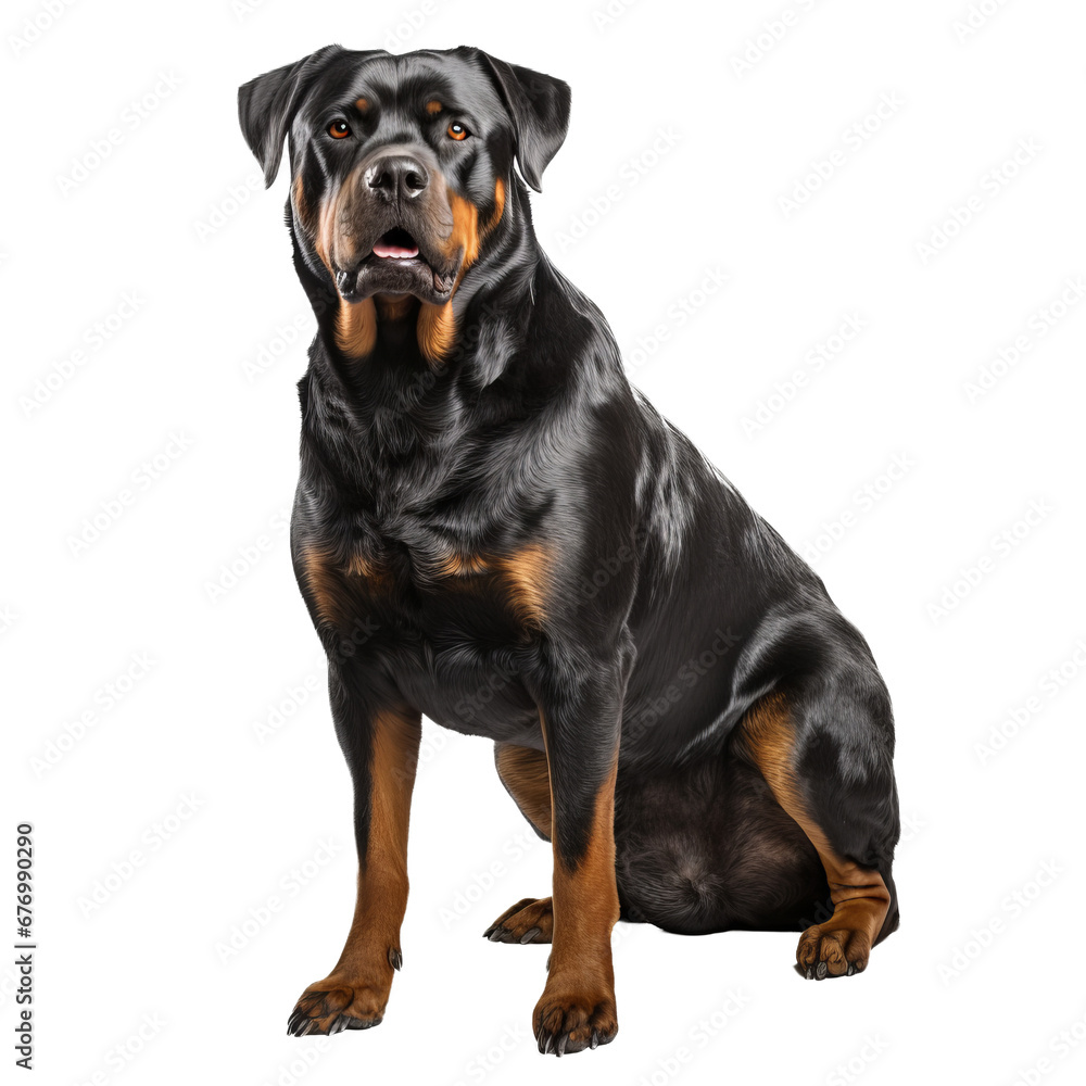 A full-bodied Rottweiler stands alert, with a glossy coat and muscular frame, depicted against a transparent backdrop, showcasing its powerful stance. A full-bodied Rottweiler stands alert, with a glossy coat and muscular frame, depicted against a transparent backdrop, showcasing its powerful stance.