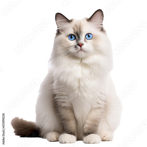 A full body image of a Ragdoll cat, with luxurious fur and bright blue eyes, showcased against a clear, transparent background. © Nika